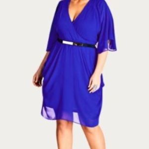 Plus-Size Royal Blue V-Neck Belted Dress